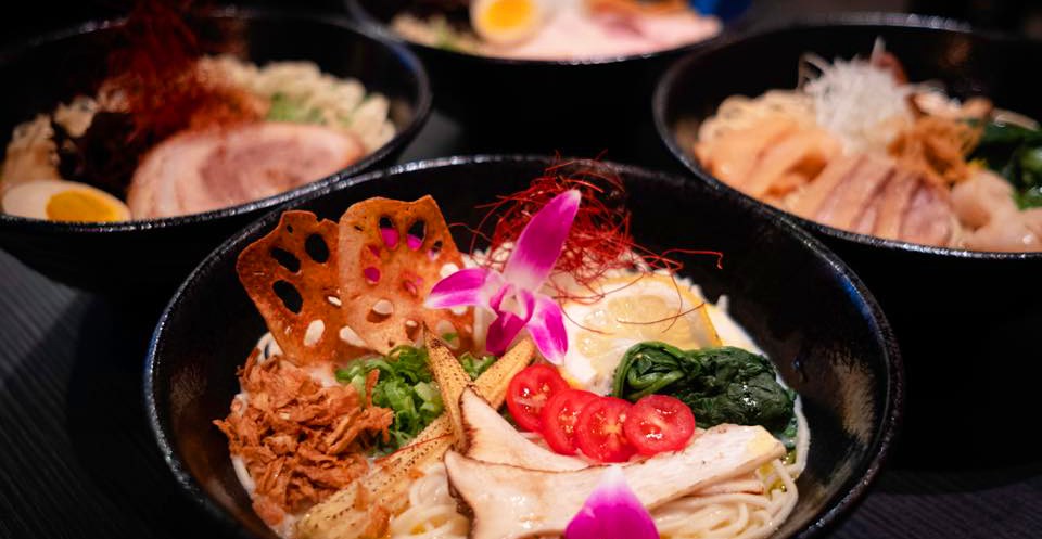 Vegan ramen bowls with orchid